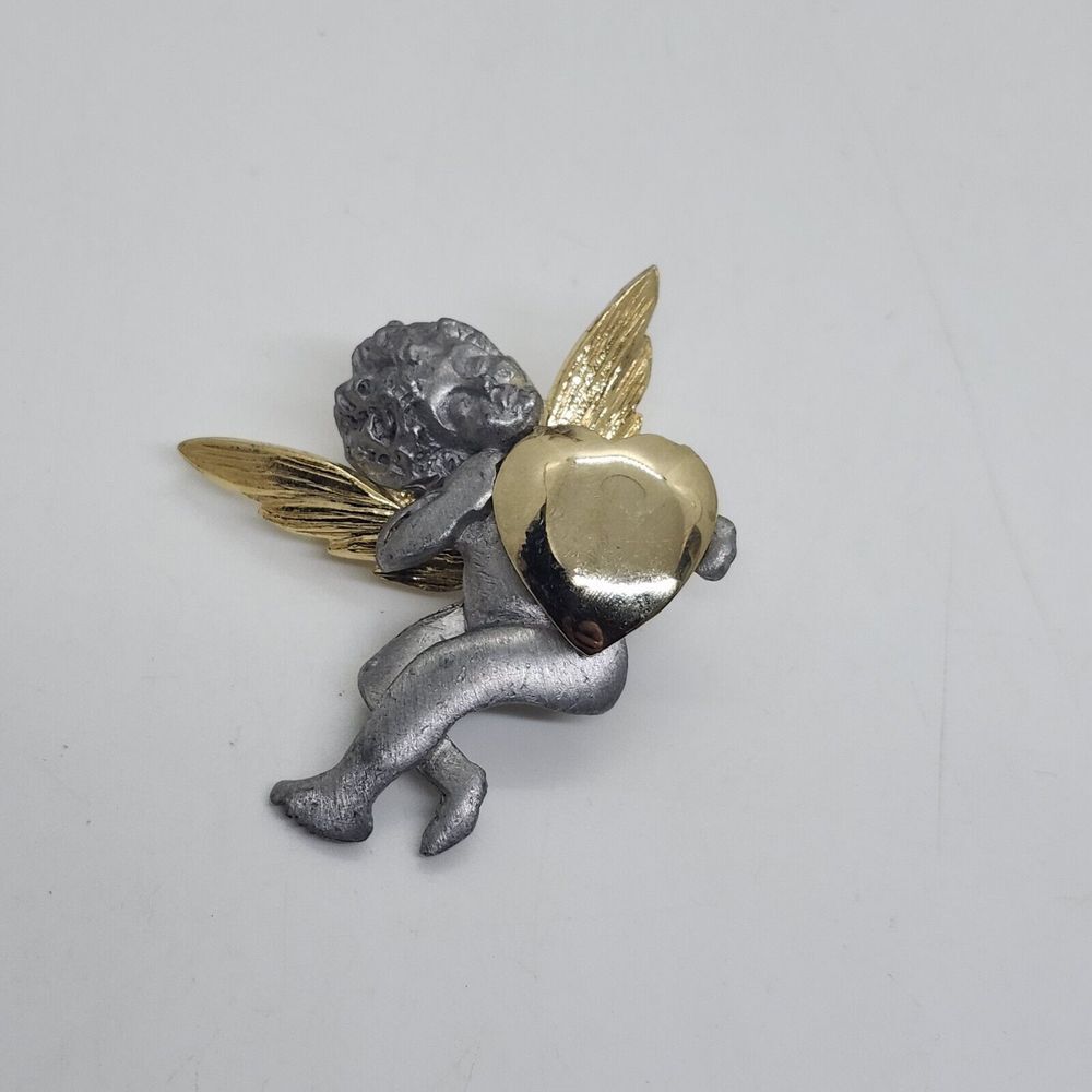 Ultra Craft Cherub‎ Angel Holding Heart Pin Brooch Gold Tone Silver Tone Metal